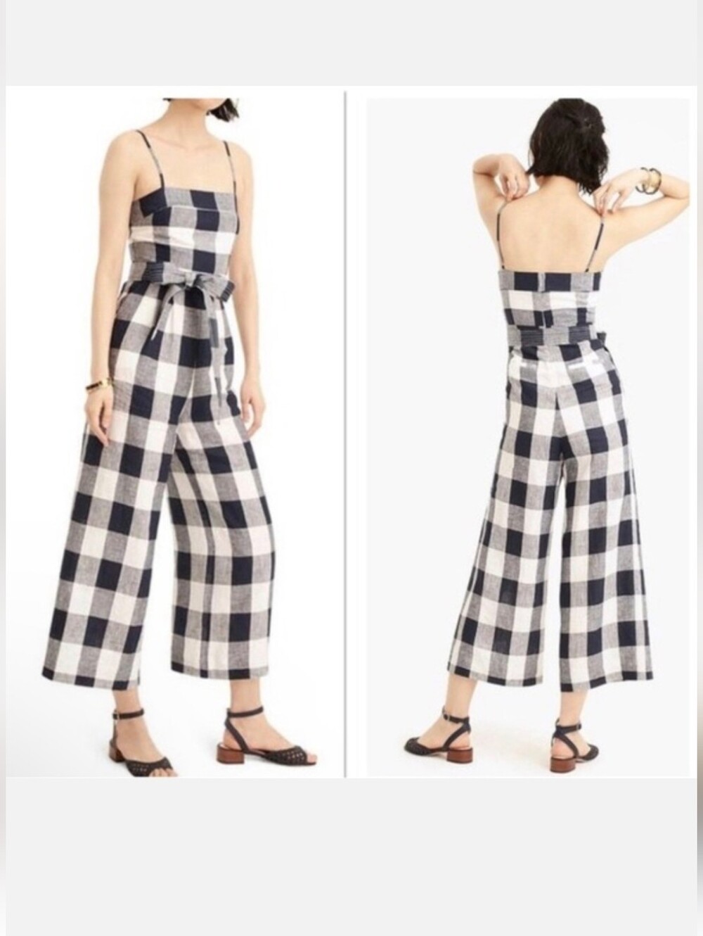 J. Crew Navy Blue & White Checkered Wide-Leg Strappy Jumpsuit